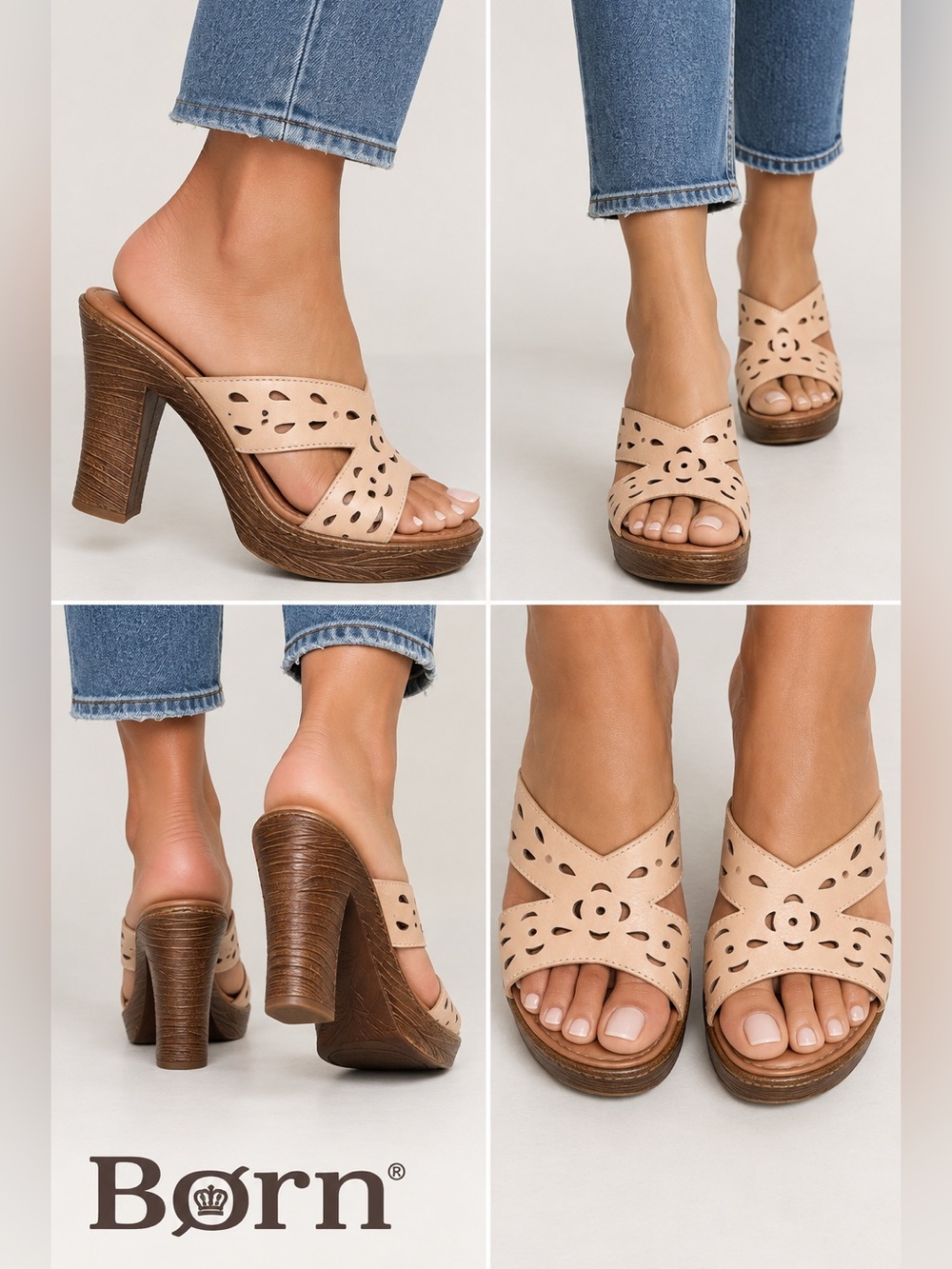Born Women’s 9 / 40.5 Tan Leather Cutout Platform Mule Sandals 4” Heel Boho